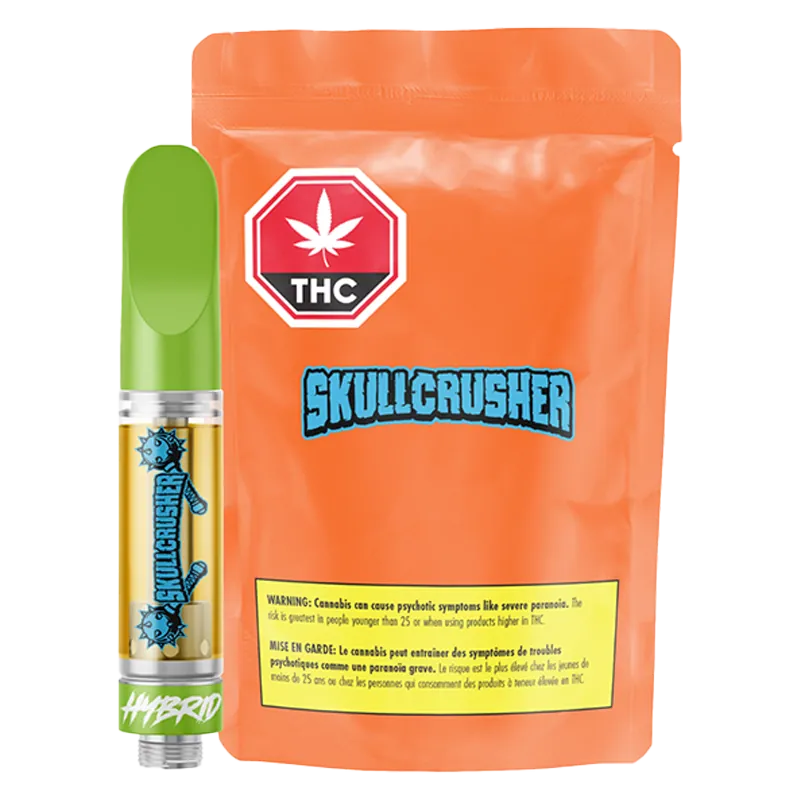 Front-facing shot of an orange pouch and green-topped cartridge labeled Iced Raspberry Melted Diamond Vape Cartridge by Skullcrusher against a white background.
