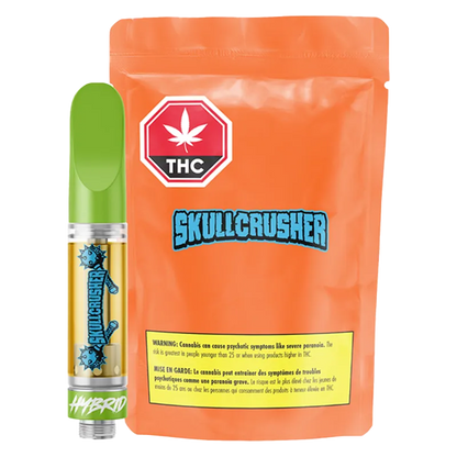 Front-facing shot of an orange pouch and green-topped cartridge labeled Iced Raspberry Melted Diamond Vape Cartridge by Skullcrusher against a white background.