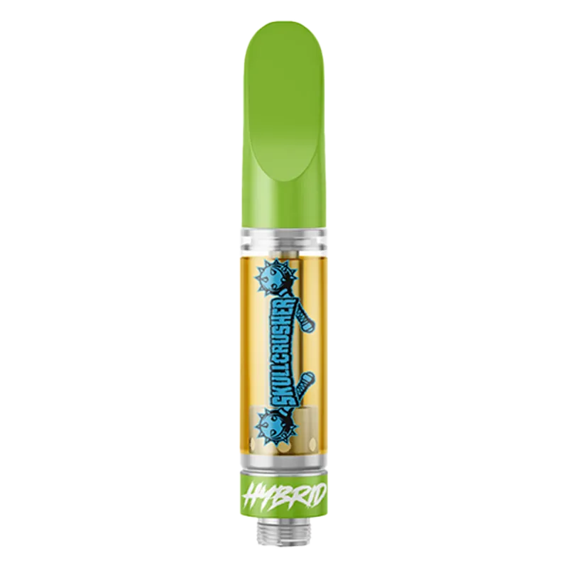 Centered front view of the Iced Raspberry Melted Diamond Vape Cartridge showing a green mouthpiece, clear oil chamber with blue "Skullcrusher" logo, and "HYBRID" band.
