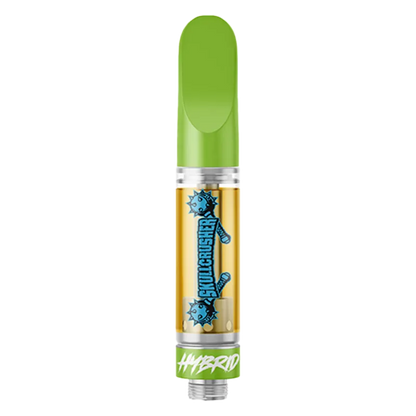 Centered front view of the Iced Raspberry Melted Diamond Vape Cartridge showing a green mouthpiece, clear oil chamber with blue "Skullcrusher" logo, and "HYBRID" band.
