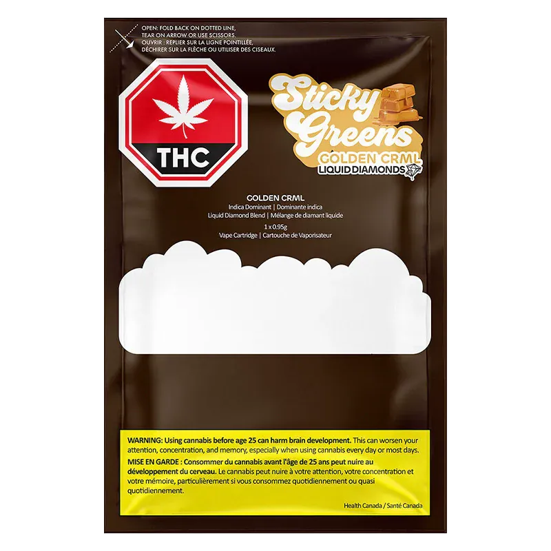 Front-facing photo of the Sticky Greens Golden CRML Liquid Diamond Vape Cartridge pouch on a brown background with white cloud graphic and a red THC stop-sign logo.