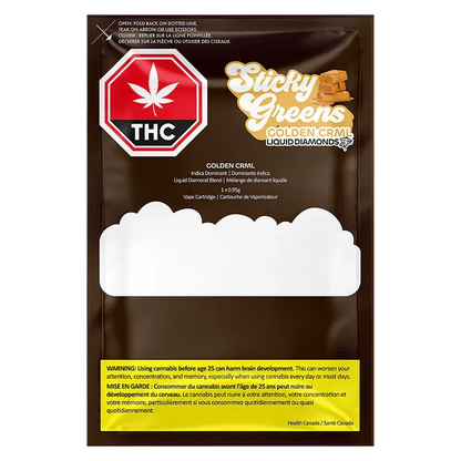 Front-facing photo of the Sticky Greens Golden CRML Liquid Diamond Vape Cartridge pouch on a brown background with white cloud graphic and a red THC stop-sign logo.