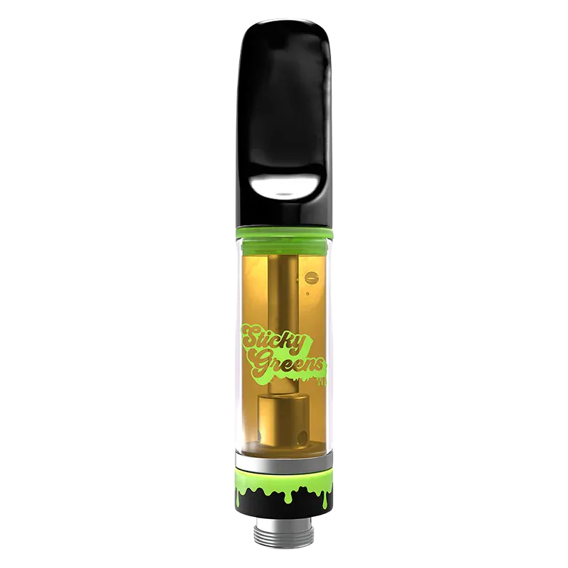 Front-facing close-up of the Golden CRML Liquid Diamond Vape Cartridge showing a transparent gold-filled chamber, black mouthpiece, and green "Sticky Greens" accent.