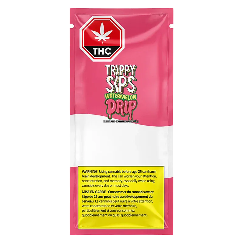 Front-facing image of the pink and white pouch packaging for Watermelon Drip Liquid Diamond Vape Cartridge, with a THC stop-sign logo at top and a yellow warning panel near the bottom.