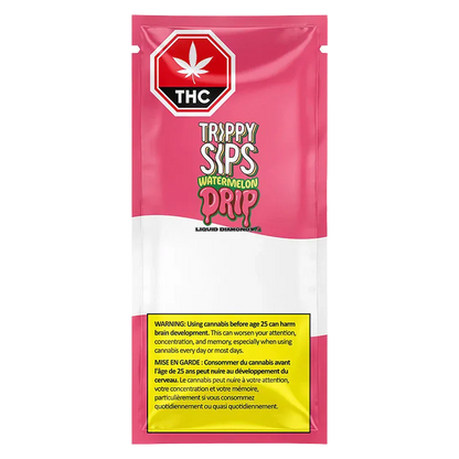 Front-facing image of the pink and white pouch packaging for Watermelon Drip Liquid Diamond Vape Cartridge, with a THC stop-sign logo at top and a yellow warning panel near the bottom.