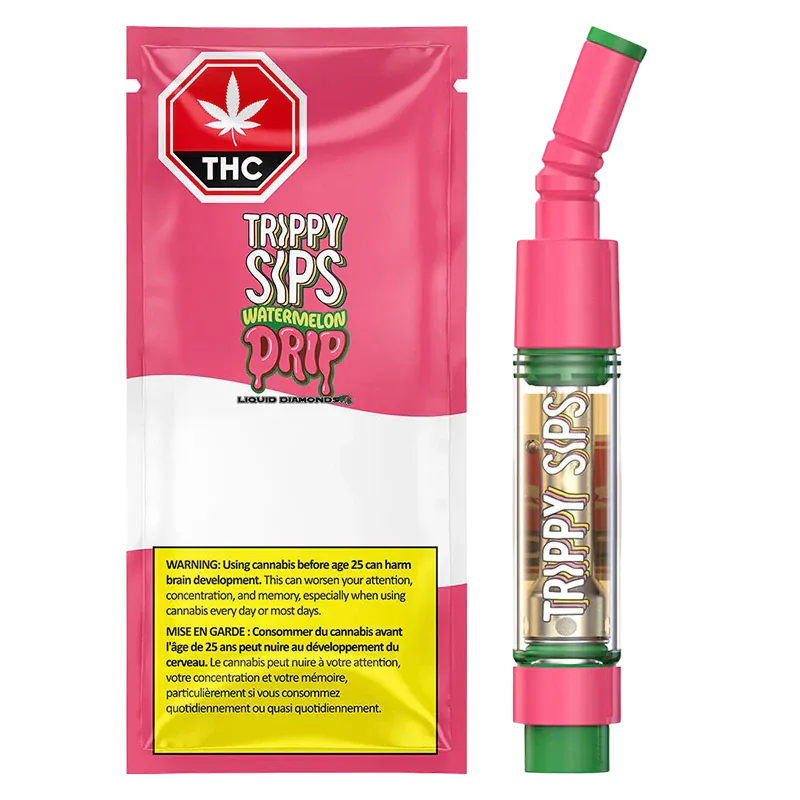 Front-facing image of the Watermelon Drip Liquid Diamond Vape Cartridge packaging and pink-and-green cartridge, shown upright on a white background.