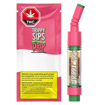 Front-facing image of the Watermelon Drip Liquid Diamond Vape Cartridge packaging and pink-and-green cartridge, shown upright on a white background.
