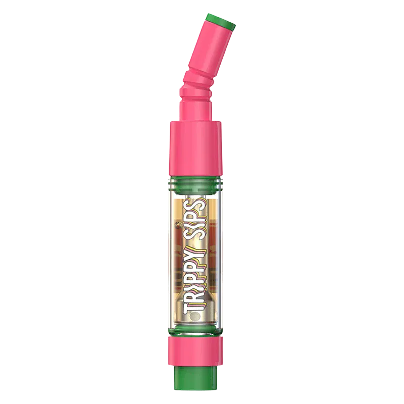 Vertical studio shot of a pink-and-green Watermelon Drip Liquid Diamond Vape Cartridge showing clear chamber graphics and a bent mouthpiece.