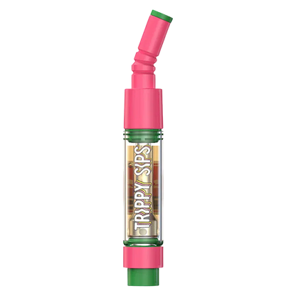 Vertical studio shot of a pink-and-green Watermelon Drip Liquid Diamond Vape Cartridge showing clear chamber graphics and a bent mouthpiece.
