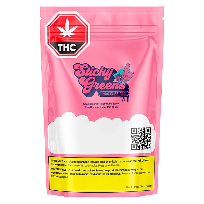 Front-facing shot of the pink Sticky Greens Pink Flamingo Dripbar All-in-One Vape pouch with logo, THC label, QR code and yellow warning panel.