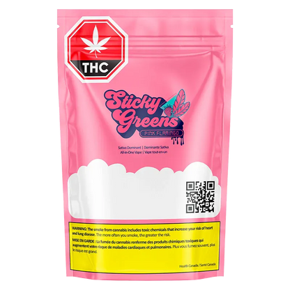 Front-facing shot of the pink Sticky Greens Pink Flamingo Dripbar All-in-One Vape pouch with logo, THC label, QR code and yellow warning panel.