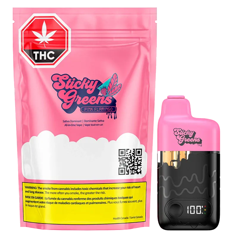 Front-facing product shot of the Pink Flamingo Dripbar All-in-One Vape beside its matching pink Sticky Greens pouch, shown on a white background.