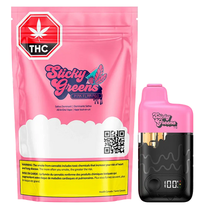 Front-facing product shot of the Pink Flamingo Dripbar All-in-One Vape beside its matching pink Sticky Greens pouch, shown on a white background.