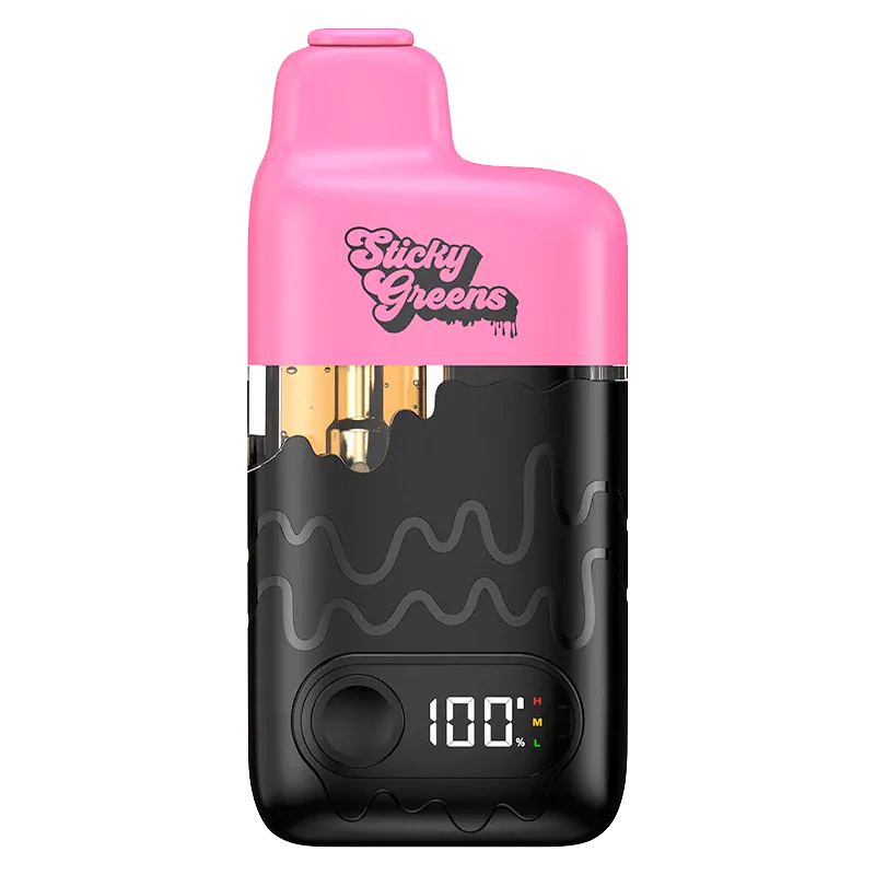 Straight-on view of the Pink Flamingo Dripbar All-in-One Vape with a pink top, black textured lower body and digital 100% display.