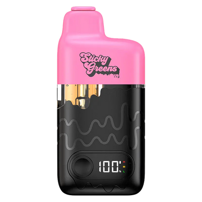 Straight-on view of the Pink Flamingo Dripbar All-in-One Vape with a pink top, black textured lower body and digital 100% display.