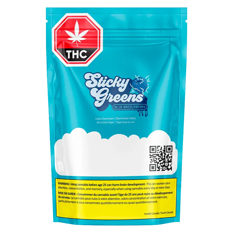 Front-facing photo of the blue Blue Razzleberry Dripbar All-in-One Vape pouch with bold "Sticky Greens" logo, THC stop sign, and QR code.