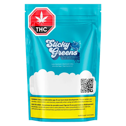 Front-facing photo of the blue Blue Razzleberry Dripbar All-in-One Vape pouch with bold "Sticky Greens" logo, THC stop sign, and QR code.
