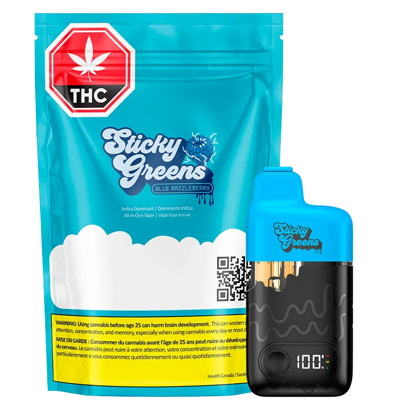 Front-facing product shot of the Blue Razzleberry Dripbar All-in-One Vape alongside its bright teal Sticky Greens pouch, both shown on a white background.