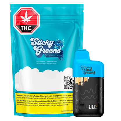 Front-facing product shot of the Blue Razzleberry Dripbar All-in-One Vape alongside its bright teal Sticky Greens pouch, both shown on a white background.