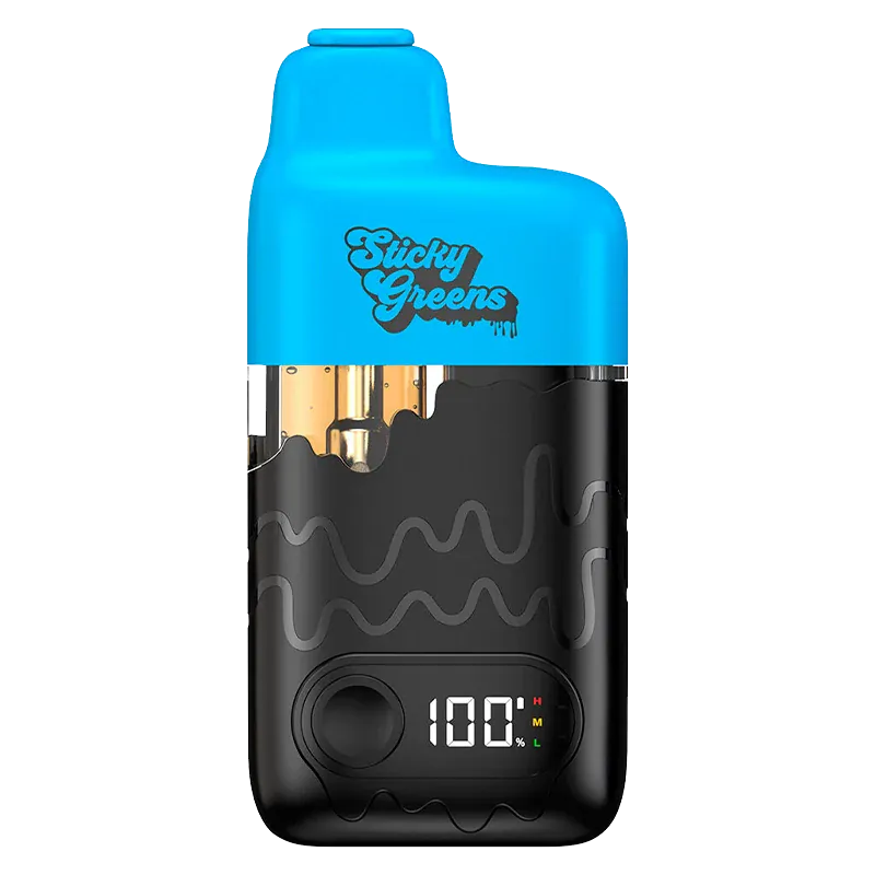 Front-facing view of a blue-topped Blue Razzleberry Dripbar All-in-One Vape with a black body, drip-pattern accents, and a digital 100% charge display.