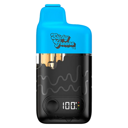 Front-facing view of a blue-topped Blue Razzleberry Dripbar All-in-One Vape with a black body, drip-pattern accents, and a digital 100% charge display.