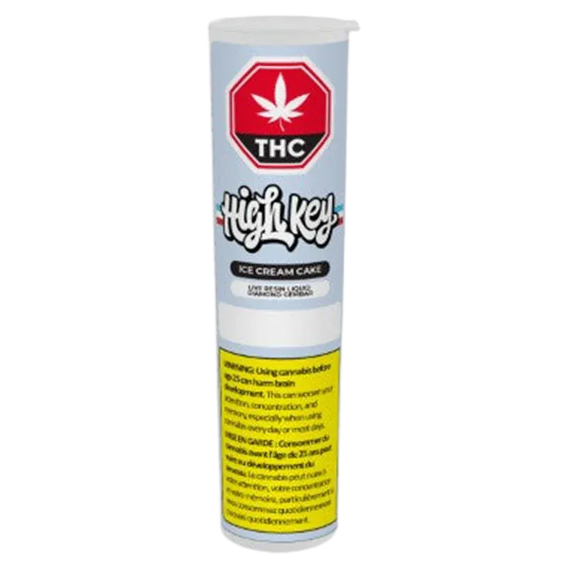 Tall front view of the Ice Cream Cake Gembar Disposable Vape canister with a white background, THC emblem, and yellow warning panel.