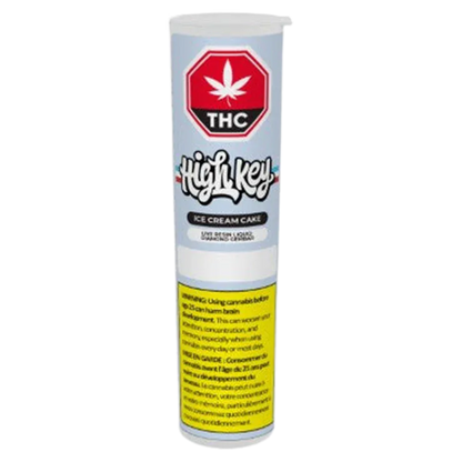 Tall front view of the Ice Cream Cake Gembar Disposable Vape canister with a white background, THC emblem, and yellow warning panel.