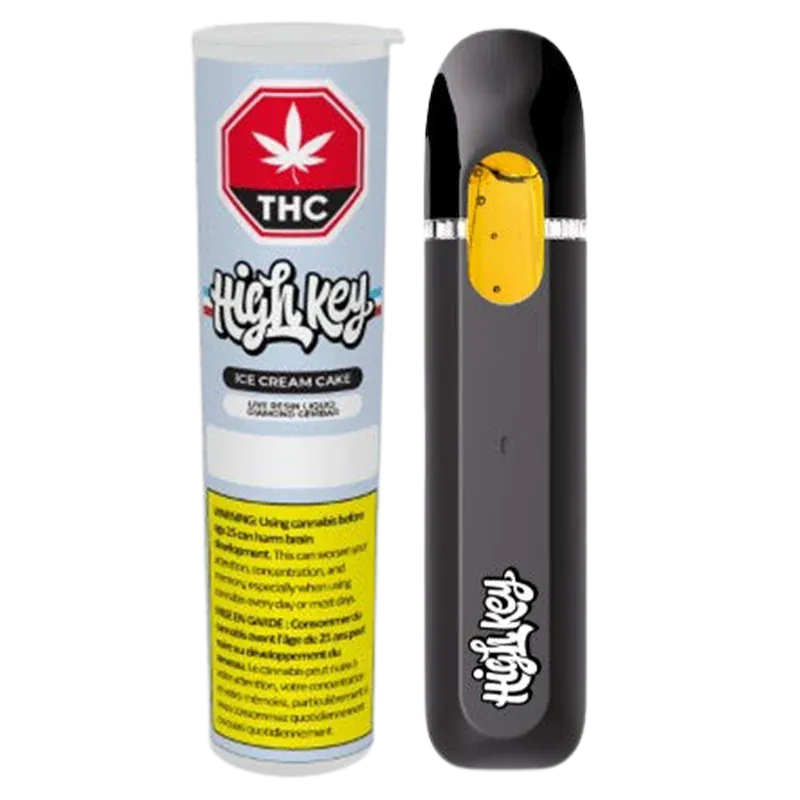 Front-facing image of the Ice Cream Cake Gembar Disposable Vape showing a black pod device with a visible amber cartridge window beside its blue-and-white cylindrical THC-labelled tube.
