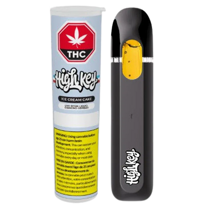 Front-facing image of the Ice Cream Cake Gembar Disposable Vape showing a black pod device with a visible amber cartridge window beside its blue-and-white cylindrical THC-labelled tube.