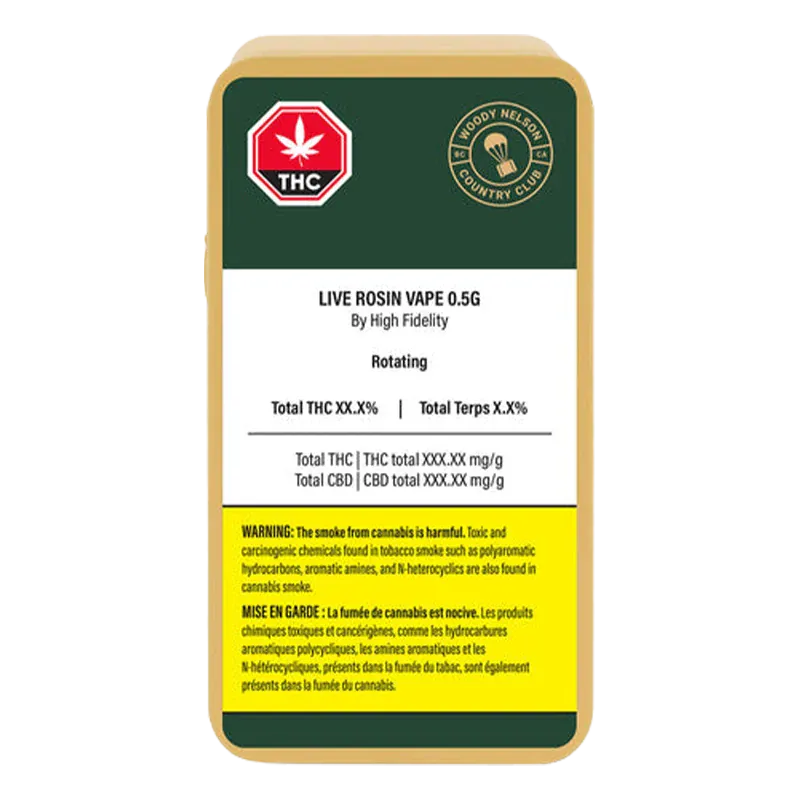 Top-down view of the Live Rosin Vape Cartridge packaging showing a green and white label with THC symbol and yellow warning panel.