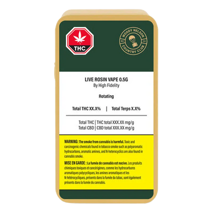 Top-down view of the Live Rosin Vape Cartridge packaging showing a green and white label with THC symbol and yellow warning panel.
