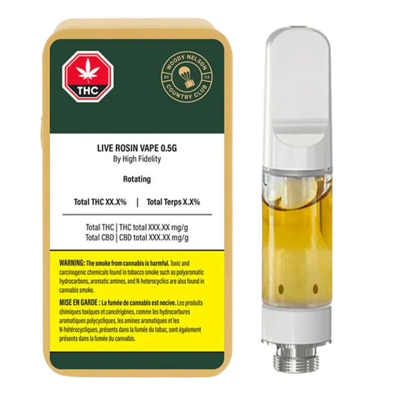 Front-facing product shot of the Live Rosin Vape Cartridge showing its clear 0.5 g oil chamber beside green-and-yellow branded packaging.