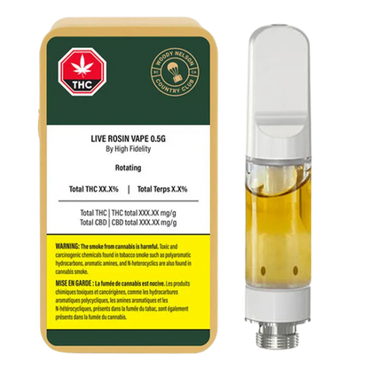 Front-facing product shot of the Live Rosin Vape Cartridge showing its clear 0.5 g oil chamber beside green-and-yellow branded packaging.