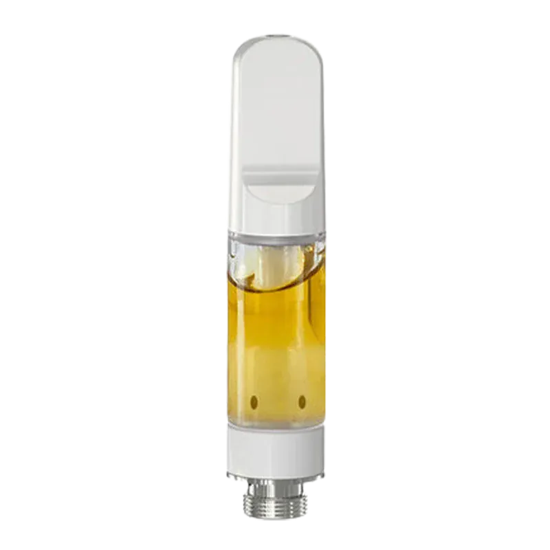 Straight-on view of a white Live Rosin Vape Cartridge showing its clear tank filled with amber oil and visible metal threaded base.