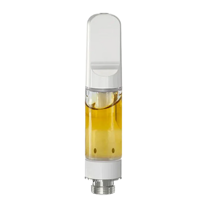 Straight-on view of a white Live Rosin Vape Cartridge showing its clear tank filled with amber oil and visible metal threaded base.