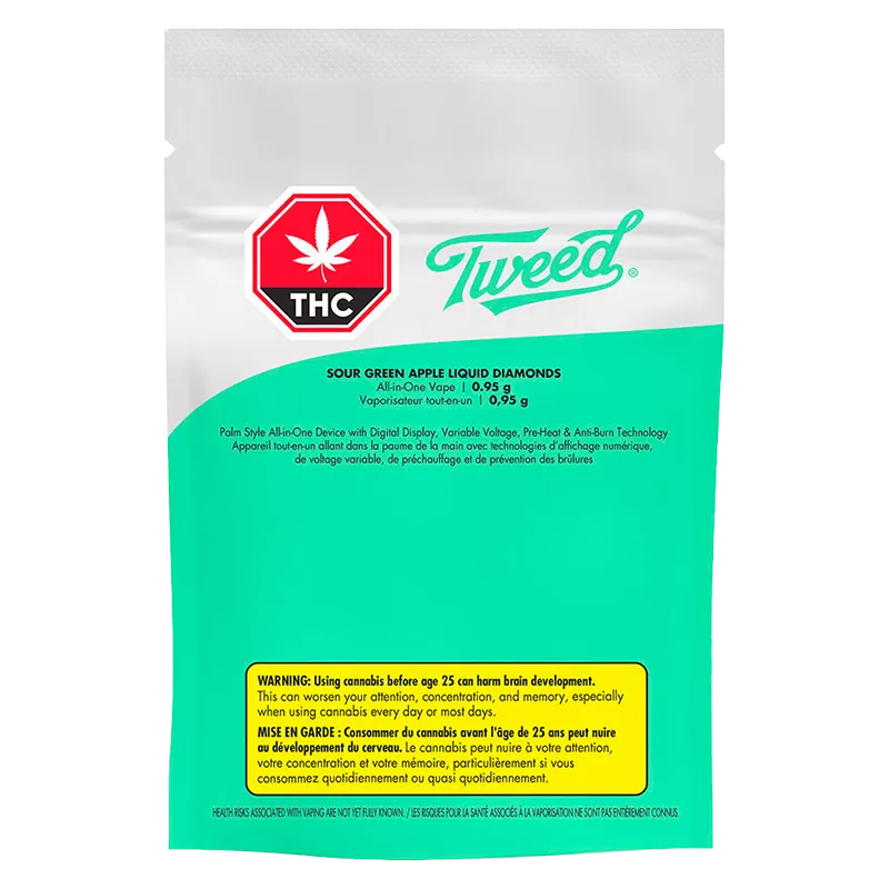 Front-facing pouch shot of the Sour Green Apple Liquid Diamonds Disposable Vape packaging with a teal lower half, white upper area and prominent Tweed logo.