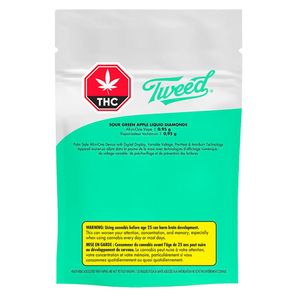 Front-facing pouch shot of the Sour Green Apple Liquid Diamonds Disposable Vape packaging with a teal lower half, white upper area and prominent Tweed logo.