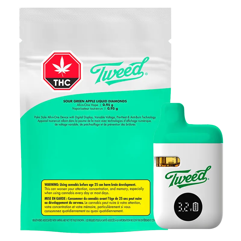Front-facing view of the Tweed Sour Green Apple Liquid Diamonds Disposable Vape with its teal-and-white device alongside matching teal packaging.