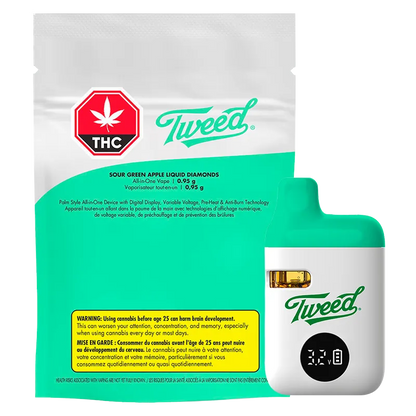 Front-facing view of the Tweed Sour Green Apple Liquid Diamonds Disposable Vape with its teal-and-white device alongside matching teal packaging.