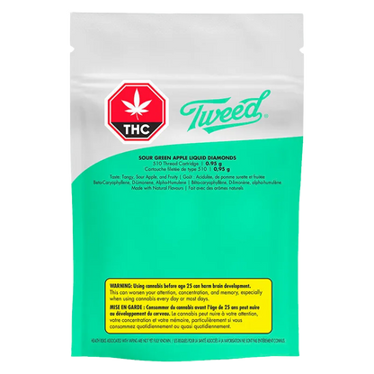 Front-facing photo of a teal-and-white pouch labeled Tweed Sour Green Apple Liquid Diamonds with a red THC stop sign logo and warning box at the bottom.