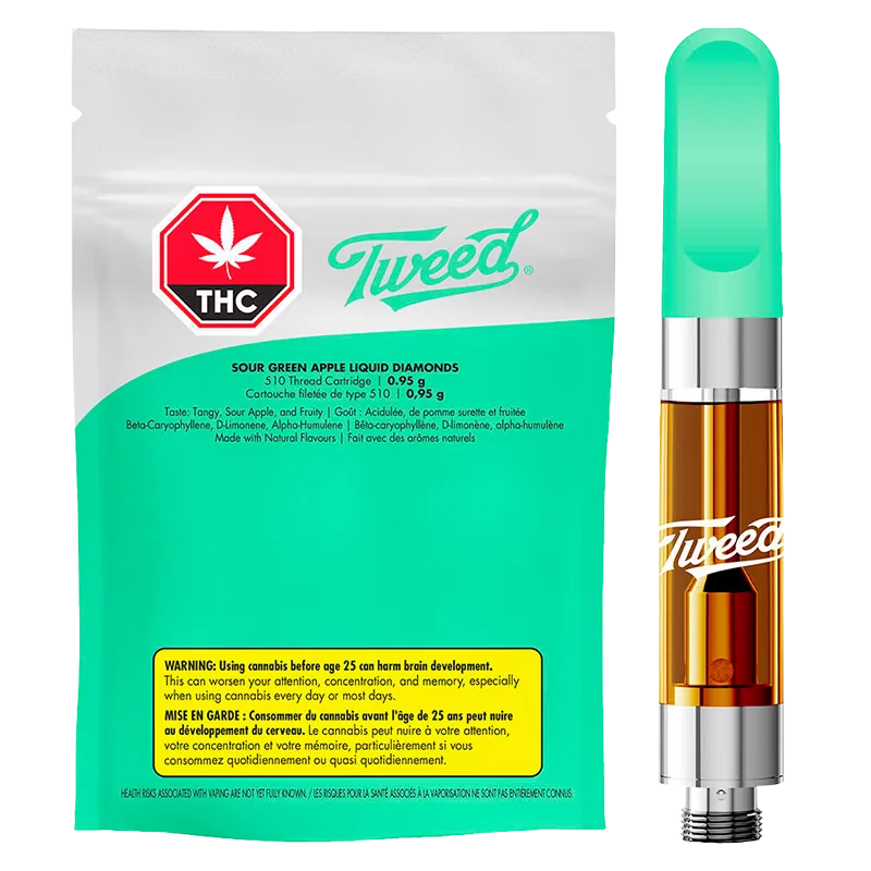 Front view of the Sour Green Apple Liquid Diamonds Vape Cartridge by Tweed, showing the teal-capped cartridge with amber oil beside its matching teal and white branded pouch.