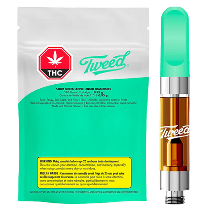 Front view of the Sour Green Apple Liquid Diamonds Vape Cartridge by Tweed, showing the teal-capped cartridge with amber oil beside its matching teal and white branded pouch.