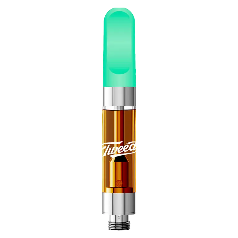 Vertical close-up of the Sour Green Apple Liquid Diamonds Vape Cartridge showing its translucent amber chamber and mint-green mouthpiece against a white background.