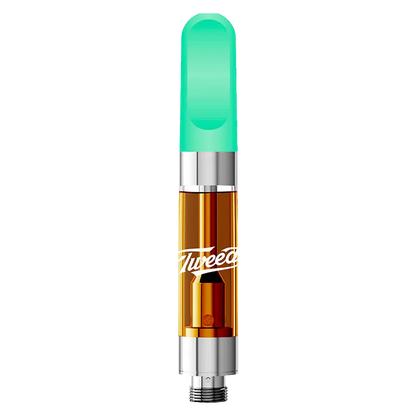 Vertical close-up of the Sour Green Apple Liquid Diamonds Vape Cartridge showing its translucent amber chamber and mint-green mouthpiece against a white background.