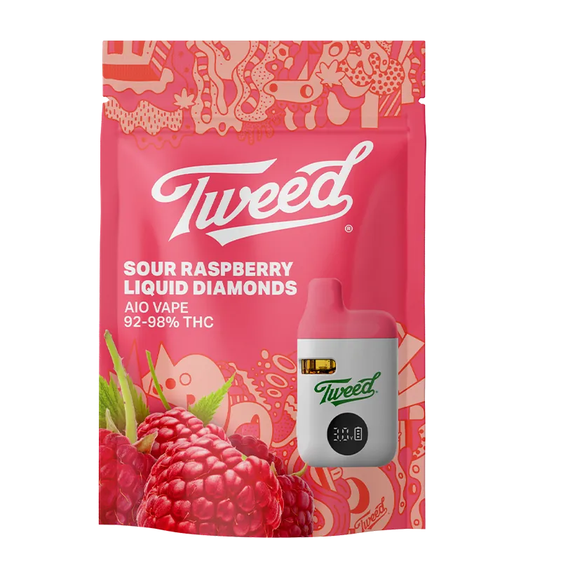 Front view of the Sour Raspberry Liquid Diamond Vape Cartridge Tweed pouch showing bold logo, raspberries and a small pink-and-white vape device.