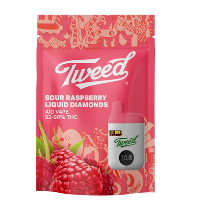Front view of the Sour Raspberry Liquid Diamond Vape Cartridge Tweed pouch showing bold logo, raspberries and a small pink-and-white vape device.