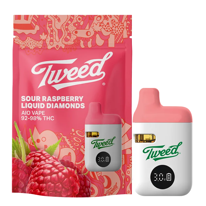 Front-facing shot of the Sour Raspberry Liquid Diamond Vape Cartridge by Tweed, with a white and pink pod beside its pink berry-patterned packaging.