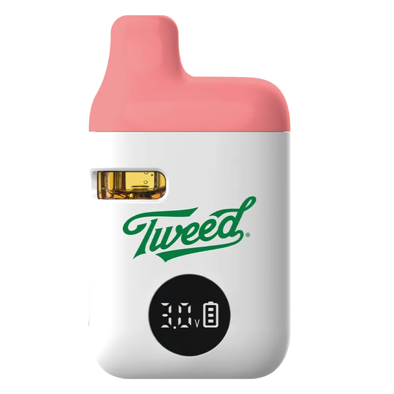 Front view of the Sour Raspberry Liquid Diamond Vape Cartridge by Tweed with a coral mouthpiece, white body, visible amber liquid window, and digital display