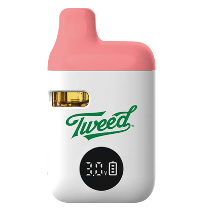 Front view of the Sour Raspberry Liquid Diamond Vape Cartridge by Tweed with a coral mouthpiece, white body, visible amber liquid window, and digital display