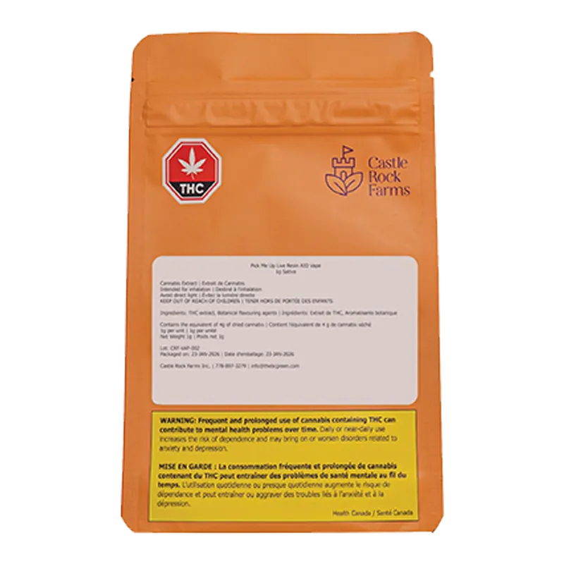Rear view of the orange Castle Rock Farms Pick Me Up Live Resin Disposable Vape pouch with warning labels and a THC symbol.